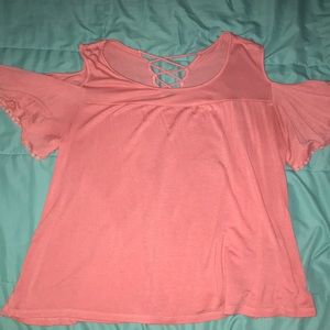 Pink kind of see through cold shoulder top